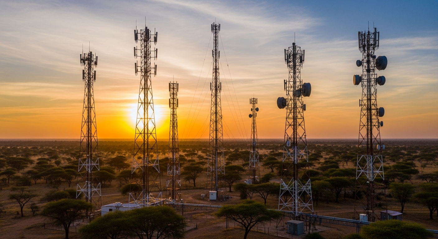 African telecommunications tower infrastructure at sunset