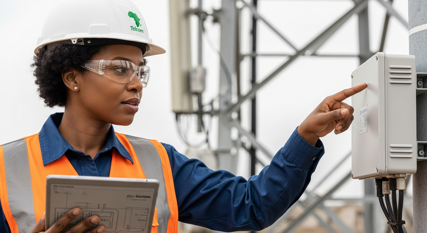 Telecom field engineer inspecting tower equipment